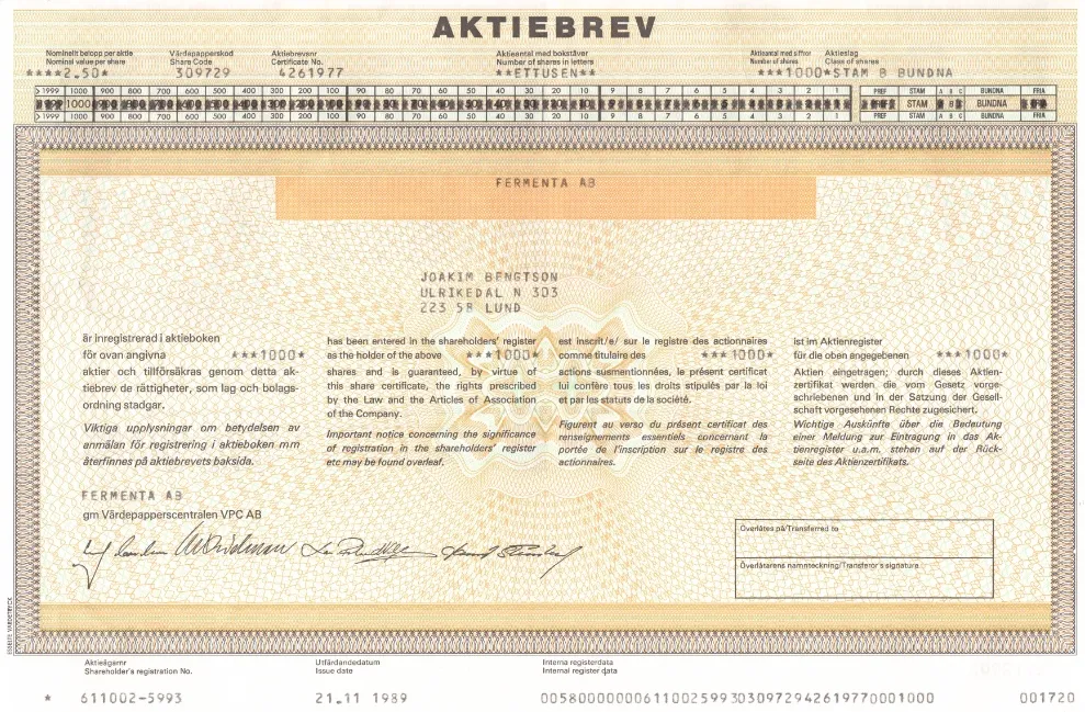 Aktiebrev Fermenta